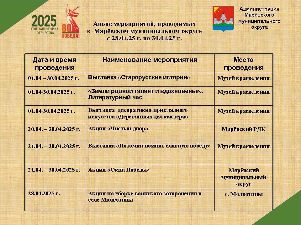 Анонс мероприятий в Марёвском муниципальном округе с 28.04.2025 по 30.04.2025.